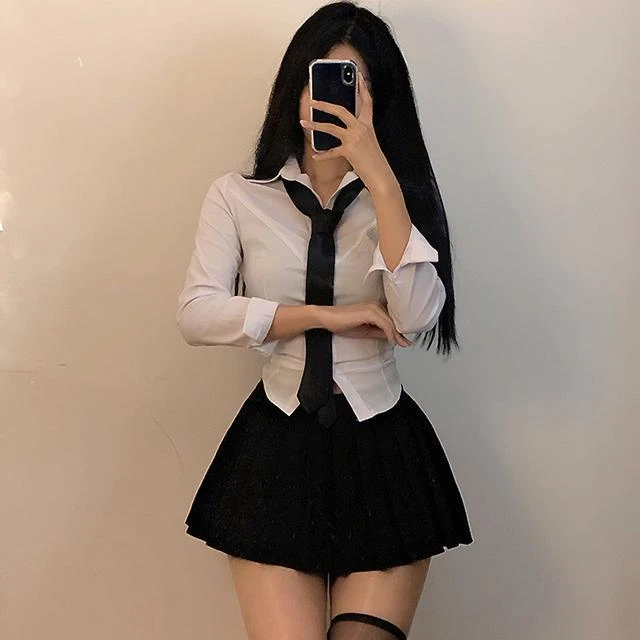 jk套装女秋季辣妹白色紧身长袖领带衬衣+百褶裙学院风减龄两件套