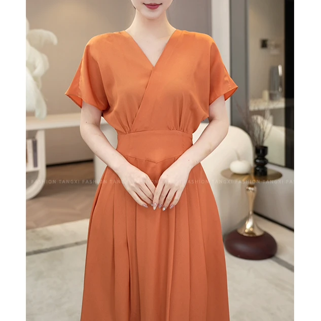 唐熹现货2025夏季新款【心想事橙】气质法式减龄收腰显瘦纯色连衣裙
