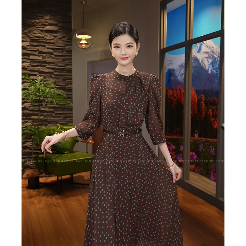 2025早秋新款【4704】气质小众时尚腰带收腰波点连衣裙子女