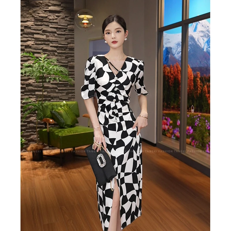 唐熹现货夏季【1737】法式气质女装V领褶皱碎花小众设计显瘦连衣裙