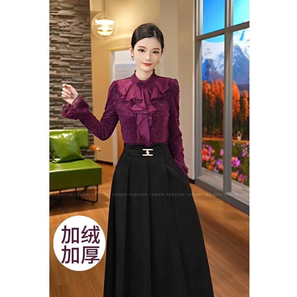 2025秋冬新款【Q23-Q120】热力感保暖植绒高级蕾丝显瘦小众上衣