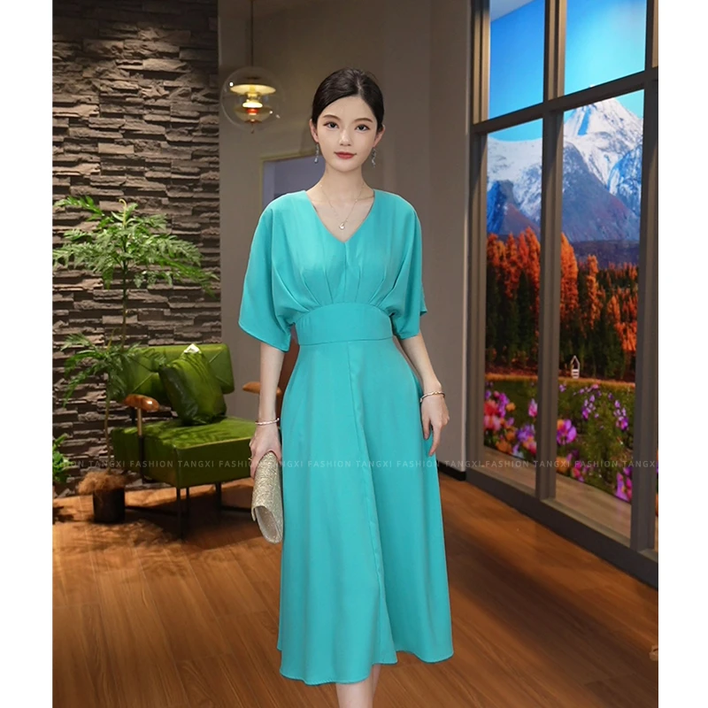 唐熹现货2025夏季新款【柠檬致夏】高定款气质V领显瘦法式a字连衣裙