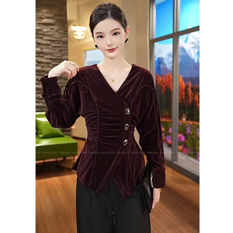 预售2025秋冬新款【ZM24-Q679】高级感时尚咖色丝绒长袖衬衫上衣女