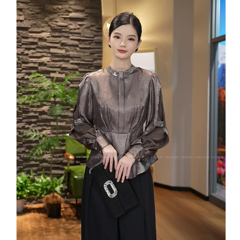 现货2025秋季新款【LT24-Q556】气质小众设计感时尚银色长袖上衣女