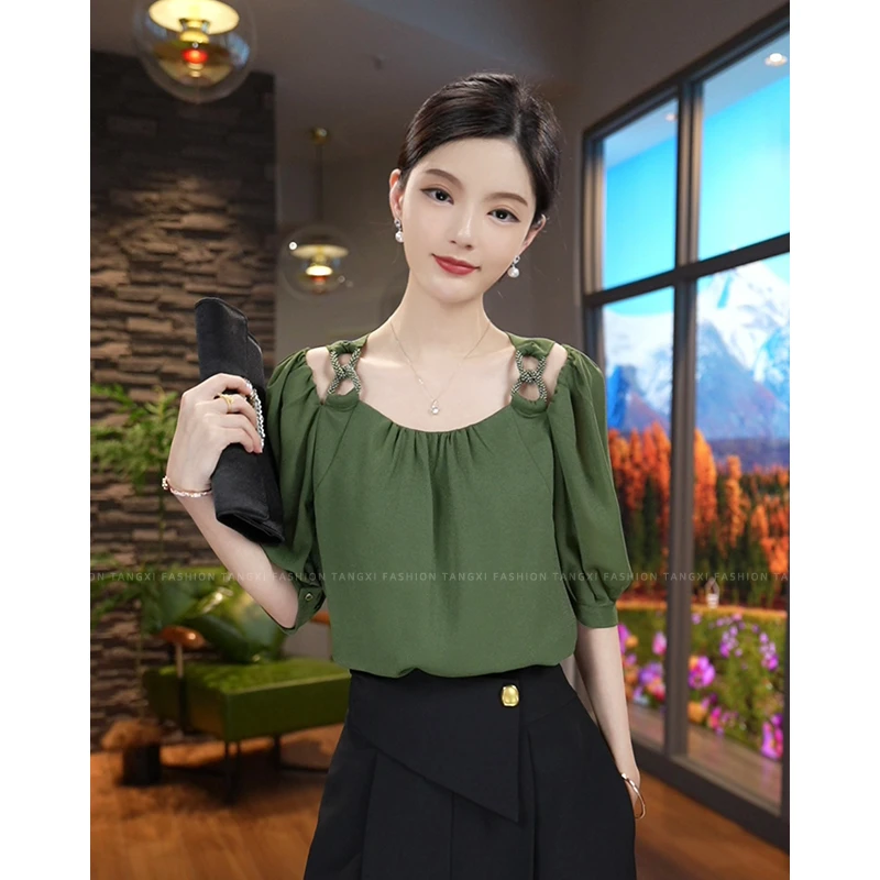 唐熹现货2025夏季新款【ZM24-X378】高级时尚百搭气质绿色中袖上衣