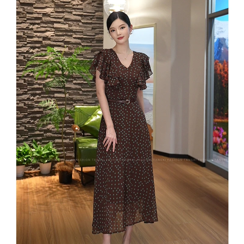 唐熹现货2025夏季新款【Q24-X363】飞飞袖V领时尚波点棕咖色连衣裙