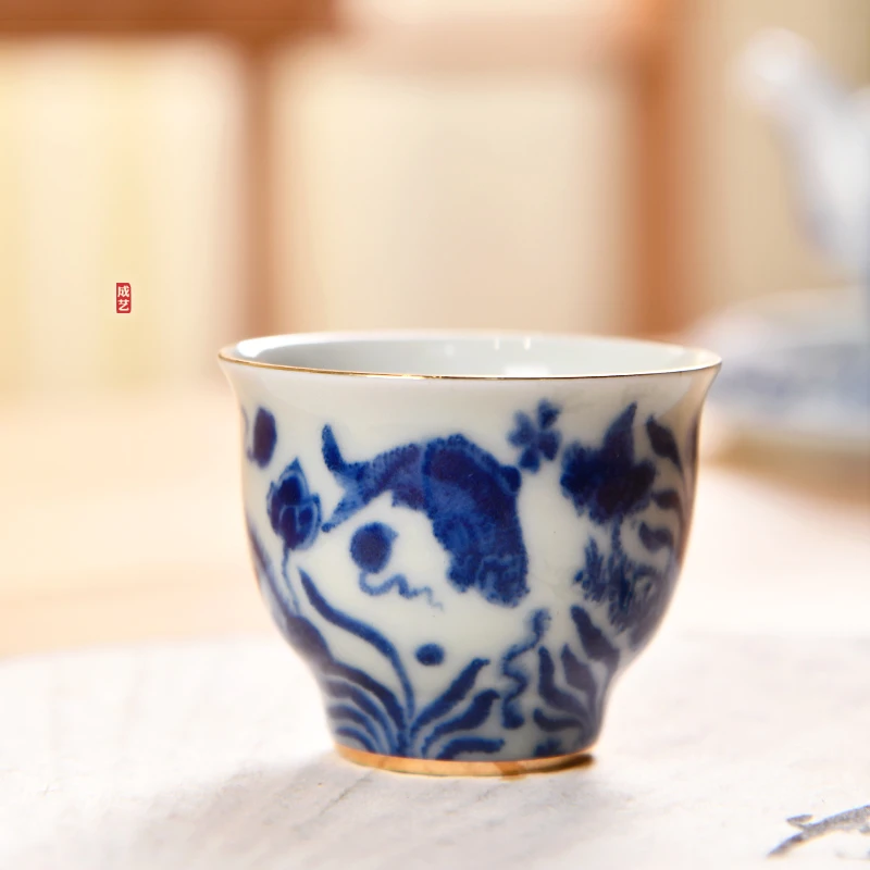 成艺鱼藻纹茗津杯陶瓷茶杯青花品茗杯家用茶具茶杯爆款2024新款