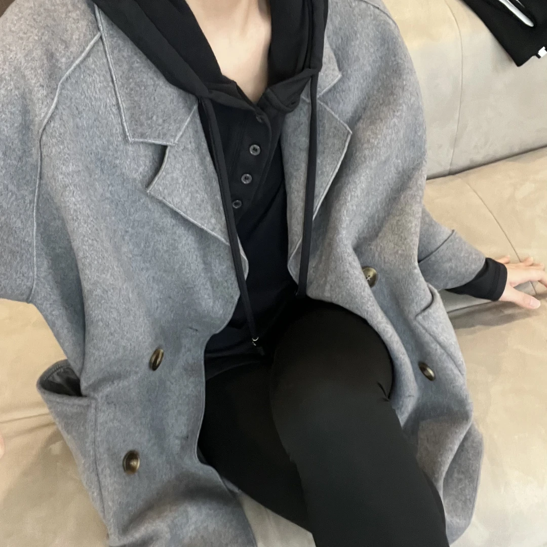 23219双排扣呢子大衣女秋冬韩版百搭英伦风气质毛呢外套