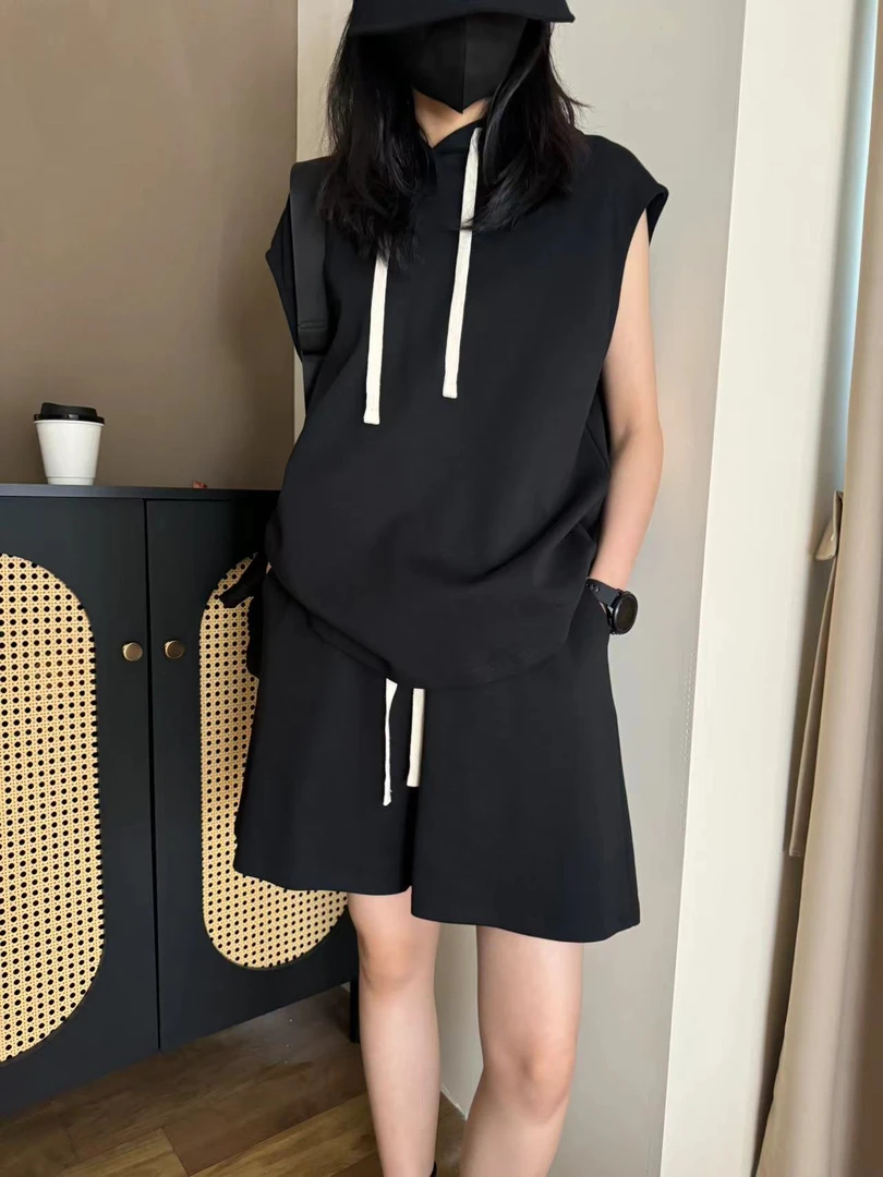 连帽无袖抽绳套装夏季宽松短袖显瘦运动时尚休闲百搭潮流-330028