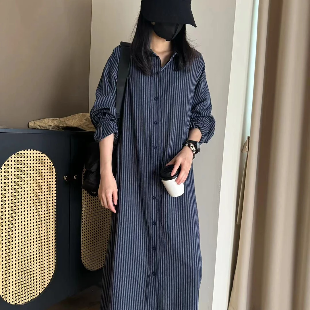 大版条纹衬衣连衣裙衬衫长袖时尚休闲春夏宽松长款潮流春秋-L0121