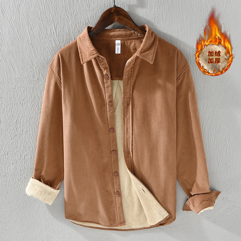 冬季纯棉保暖衬衣长袖条绒灯芯绒衬衫男加绒加厚休闲外套潮C8656