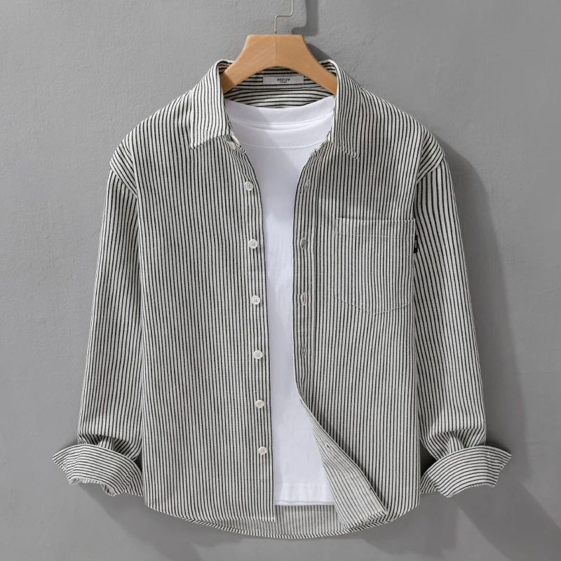 春秋男装条纹简约长袖衬衫潮流休闲宽松舒适青年百搭男衬衣Y9568