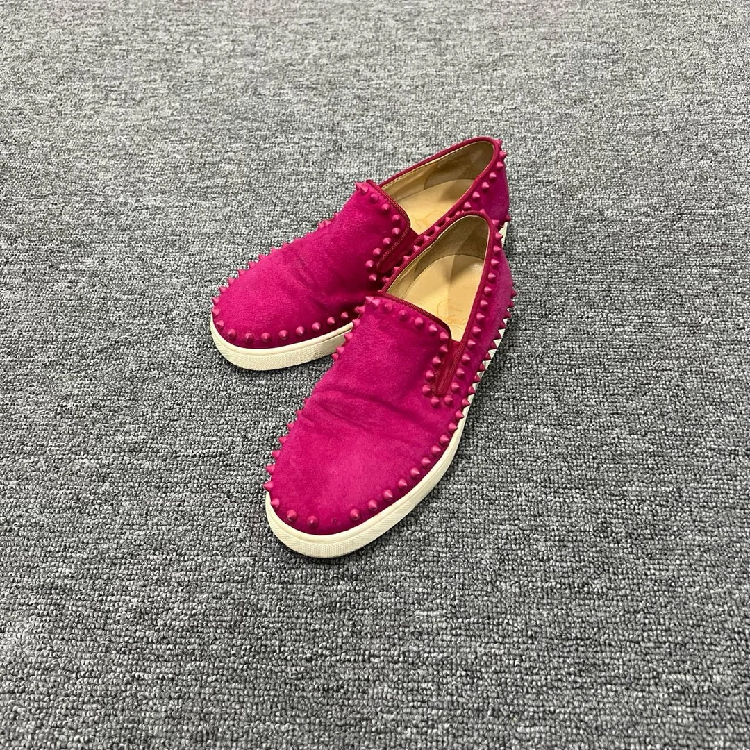 掉钉Christian Louboutin CL 紫色丝绒铆钉红底板鞋 36.5码/95新/