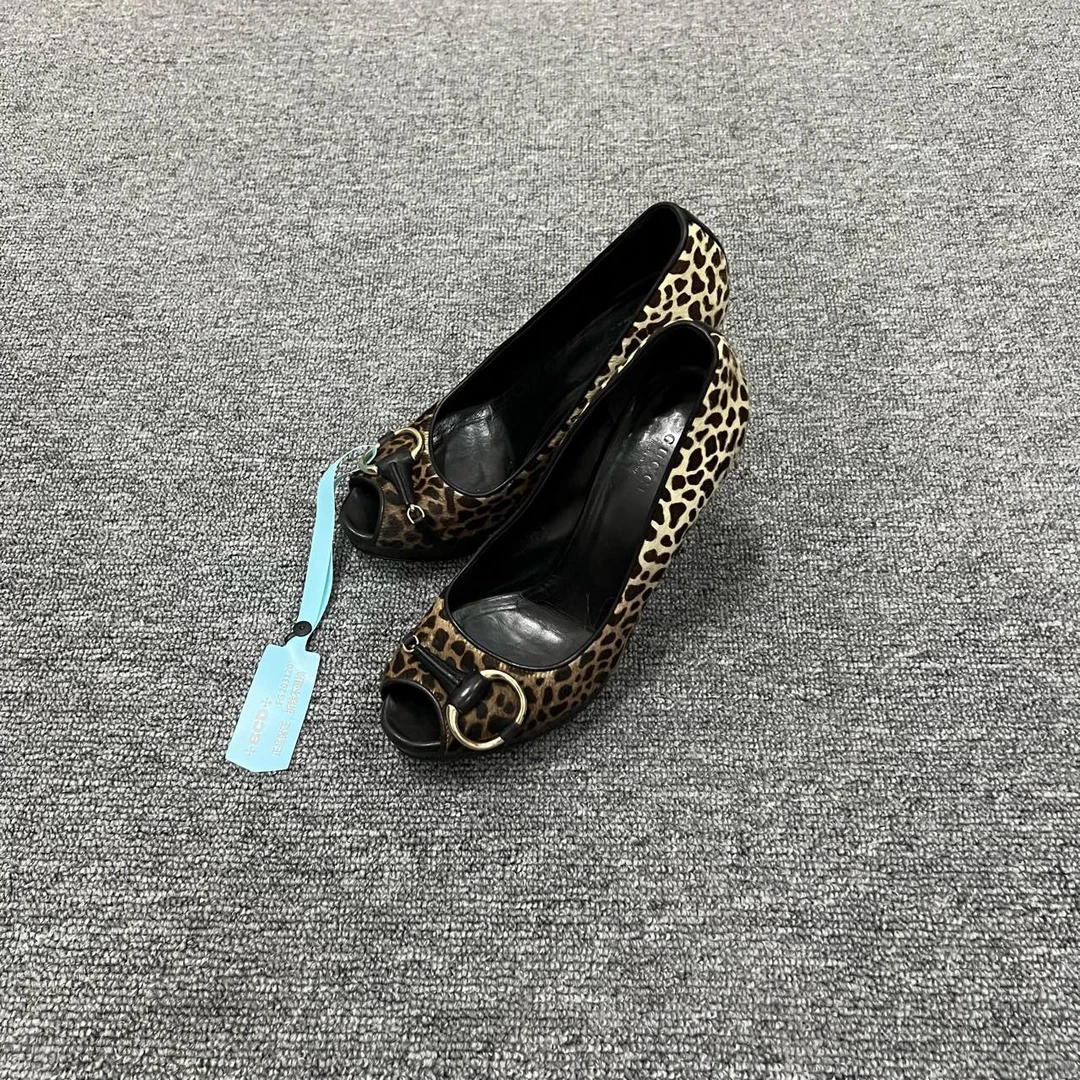 GUCCI 古驰 马海毛豹纹鱼嘴高跟鞋 36.5码/95新/公价9500/无配件