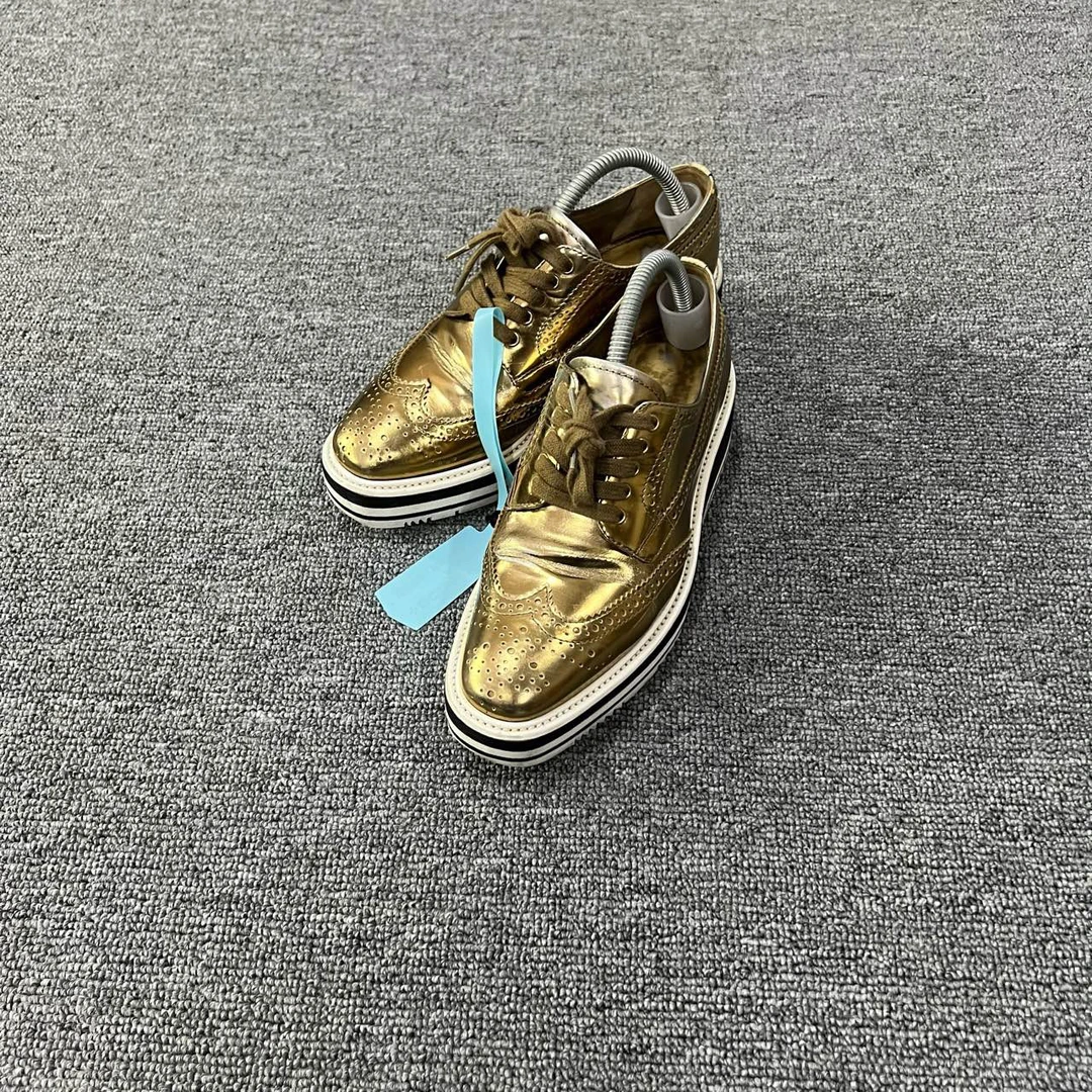 PRADA 普拉达 金色布鲁克雕花厚底鞋 35.5码/9新/公价8000/防尘袋