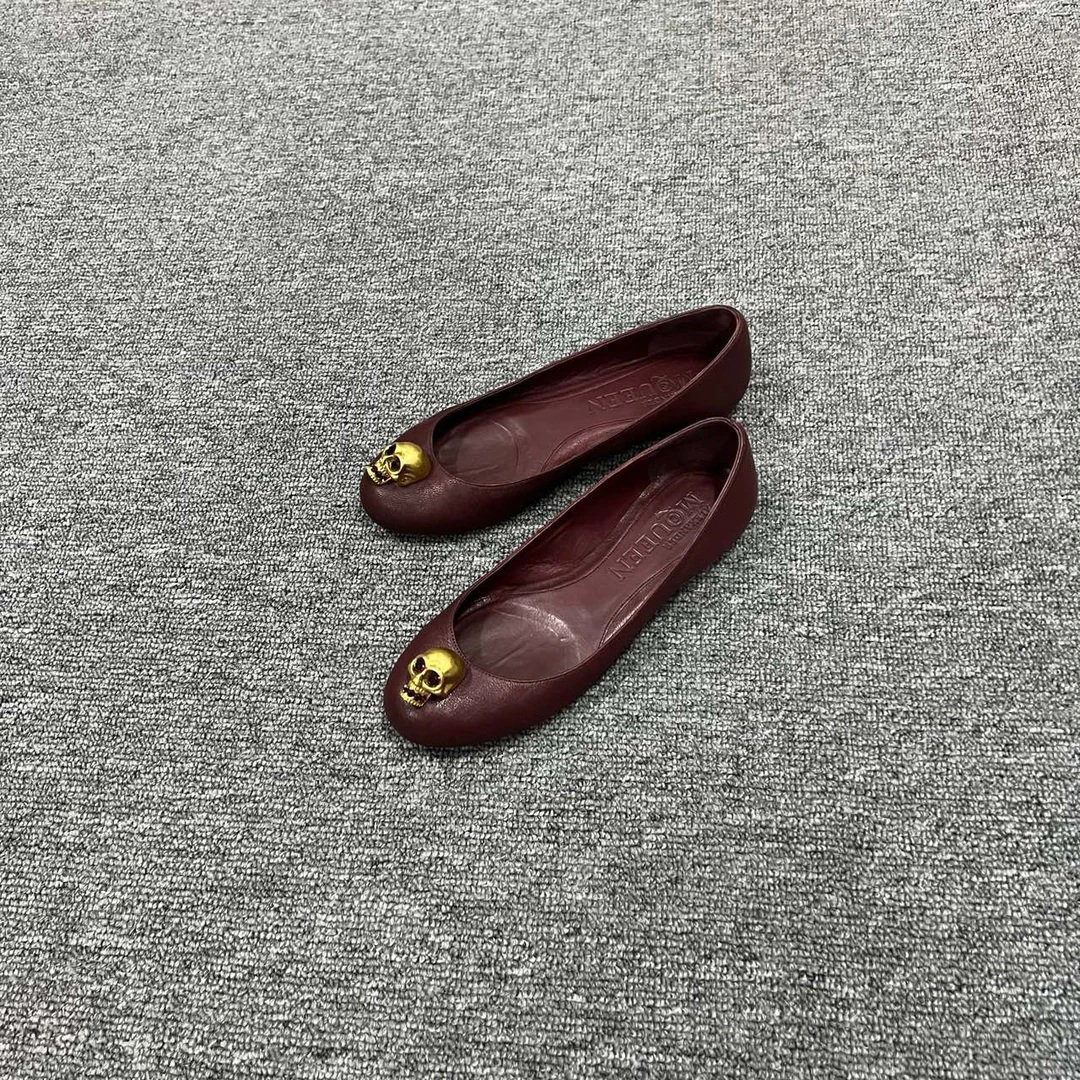 Alexander McQueen 麦昆 酒红色水钻骷髅平底鞋 35码/95新/