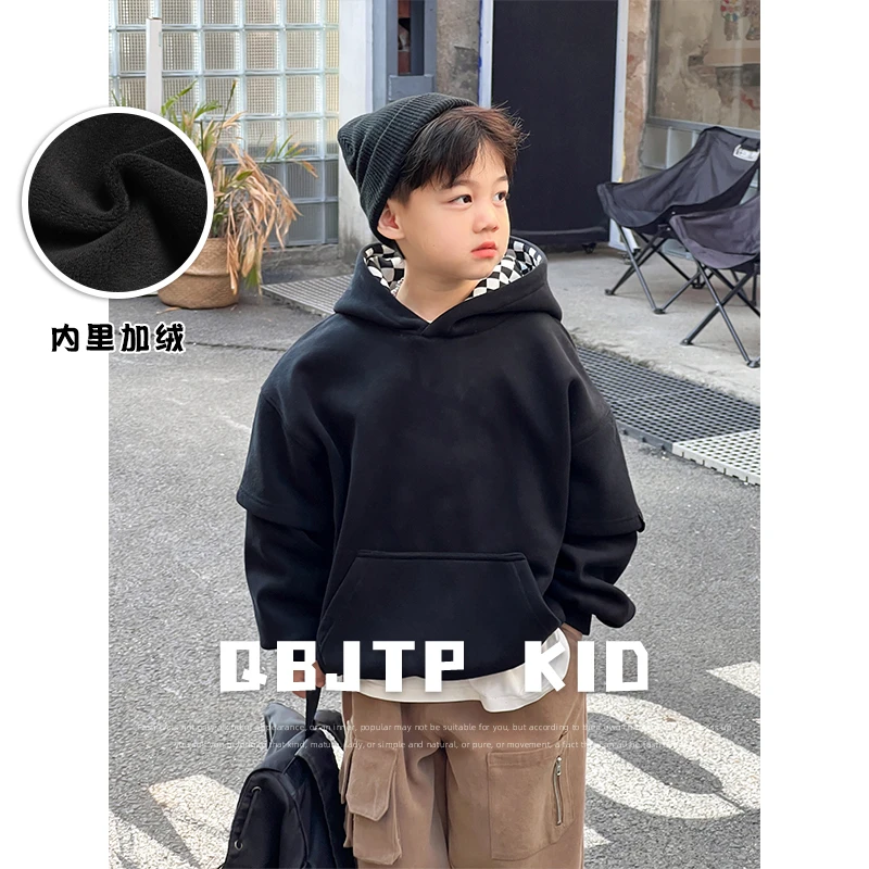 Q宝家童品11月新款 男童卫衣冬季加绒帽衫儿童假两件时尚上衣外套