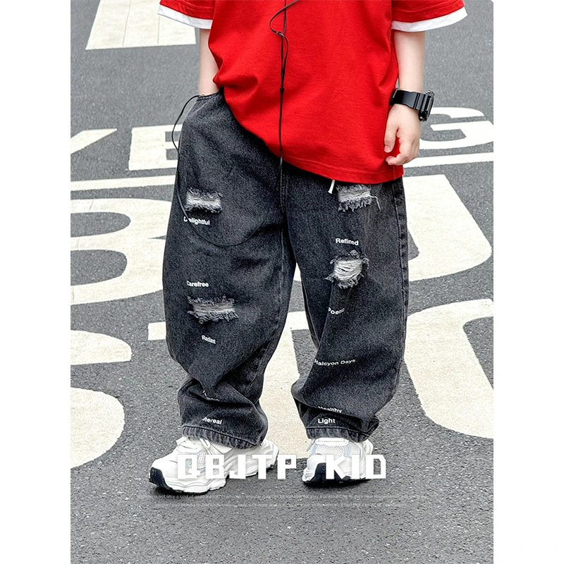 Q宝家童品4月新款 男童裤子儿童破洞牛仔裤夏季薄款中大童休闲裤