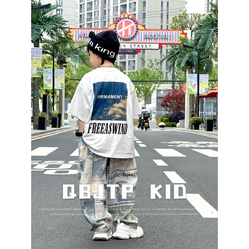 Q宝家童品5月新款男童短袖t恤儿童夏季薄款白色休闲T恤中大童上衣