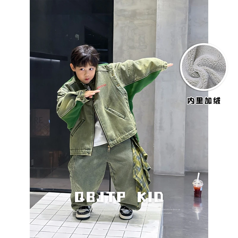 Q宝家童品10月新款 儿童牛仔外套秋冬加绒男童夹克中大童休闲上衣