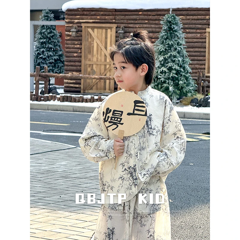 【墨竹】Q宝家童品男童 新中式衬衫套装秋季新款儿童长袖两件套潮