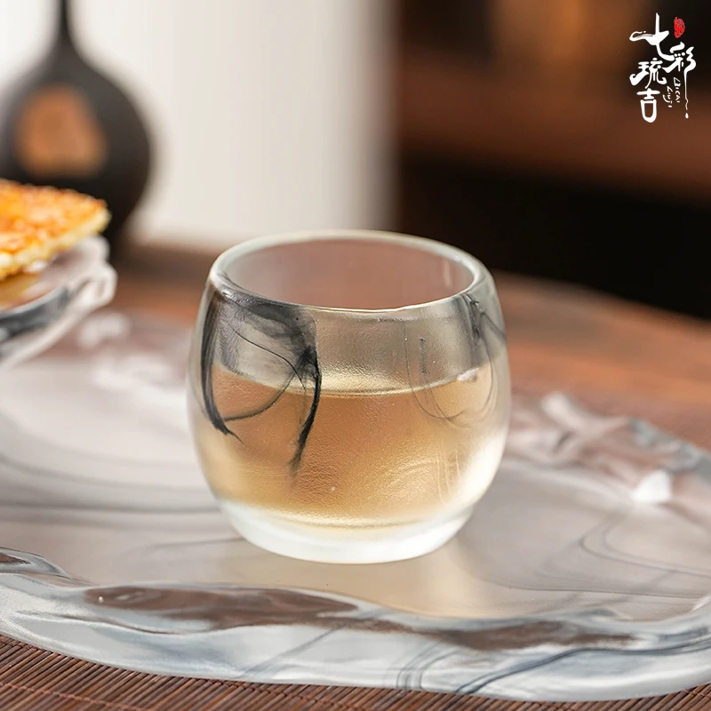 中国风琉璃水墨品茗杯50ml（小）磨砂哑光面家用透明创意日式耐热