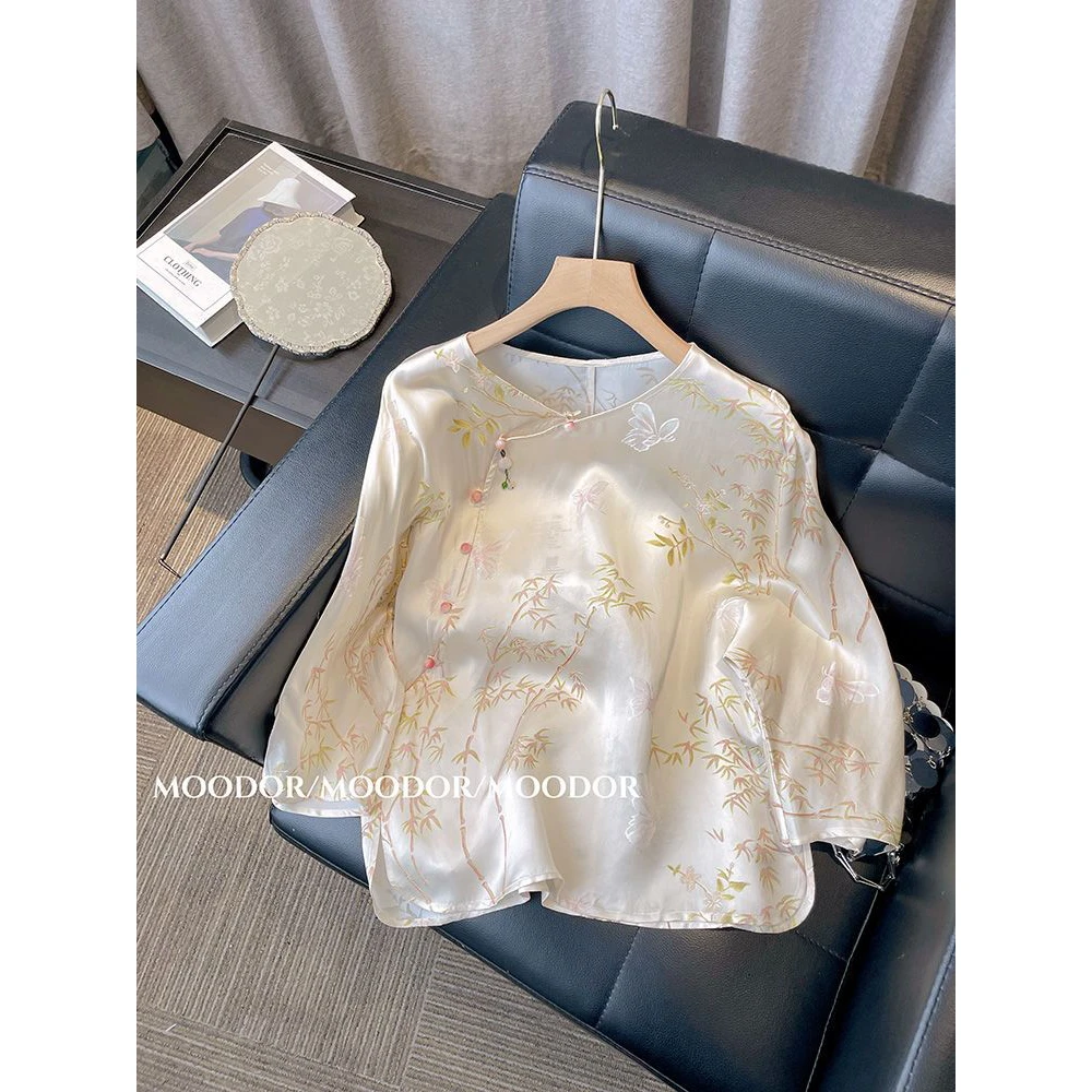 8299#新中式国风竹子印花中袖圆领衬衫女薄款夏季宽松减龄漂亮