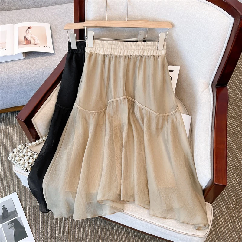 7028#夏季半身裙女显瘦裙子新款高腰半裙中长款网纱设计感a字裙女