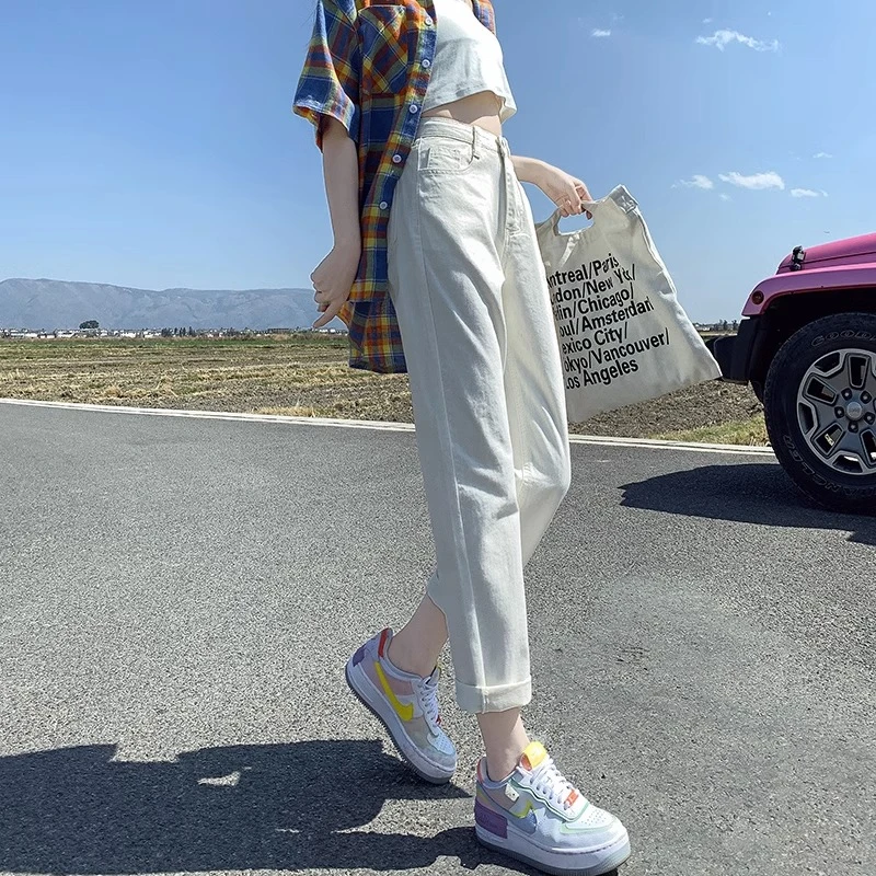 早春裤子女高腰显瘦米白色牛仔裤春秋小个子直筒宽松2025新款春装