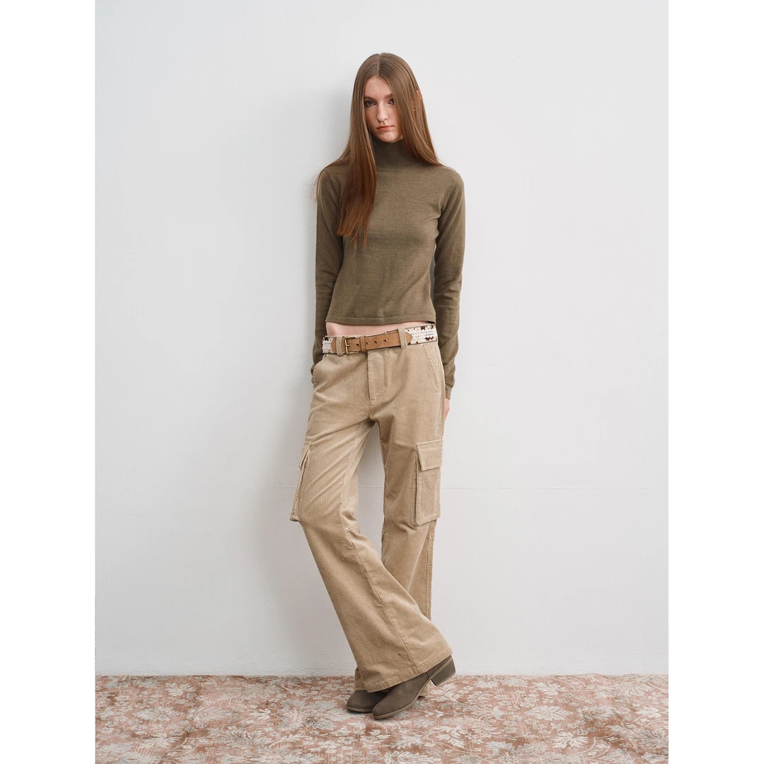 RustyNaill卡其色低腰复古条绒灯芯绒挺阔直筒微喇休闲百搭长裤