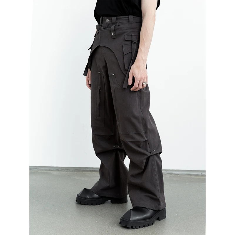 Rustynaill原创层次感门襟结构多口袋打褶宽松阔腿工装裤直筒长裤