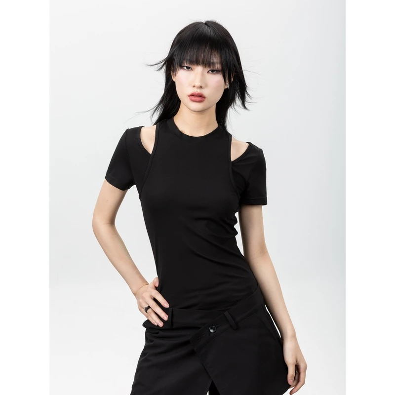 RsutyNaill夏季原创小众黑色镂空结构修身显瘦圆领短袖T恤上衣女