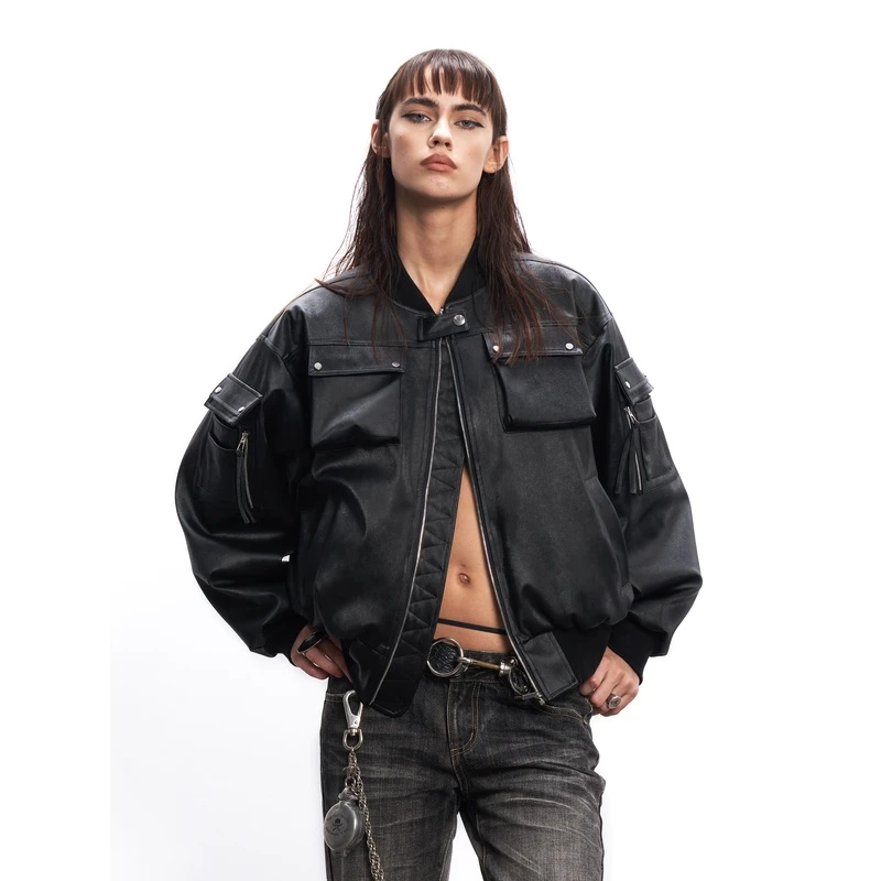 RustyNaill秋冬原创马毛肌理光泽感立体多口袋皮夹棉外套飞行夹克