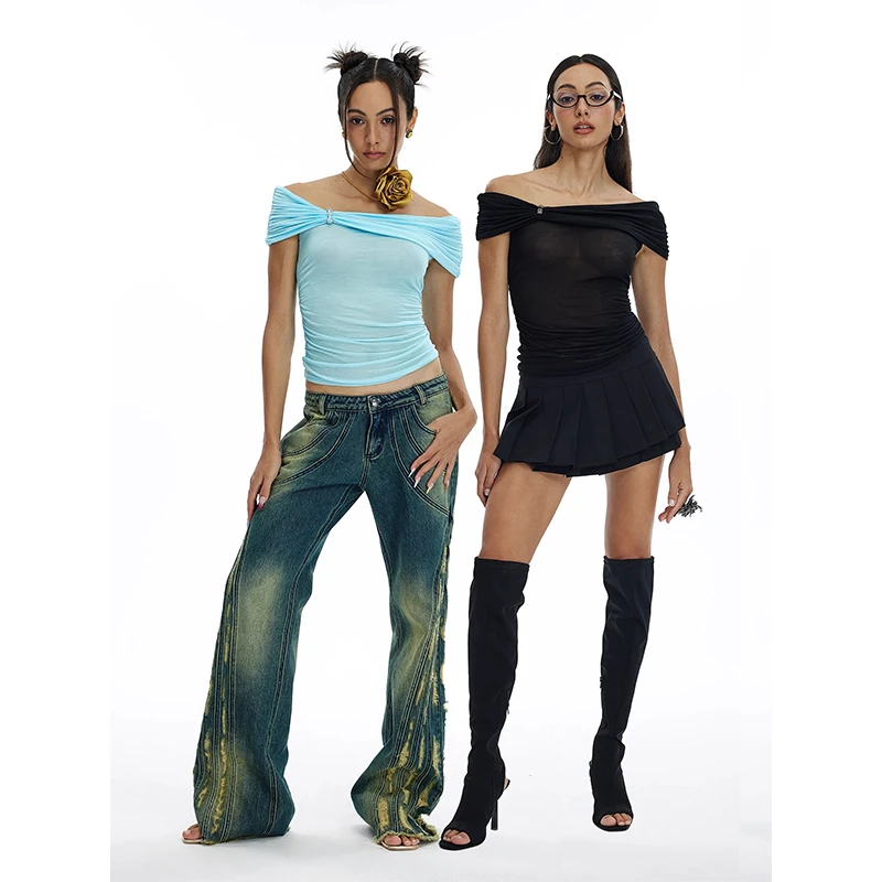 RustyNaill夏季原创一字斜肩多穿法荡领微透弹力褶皱针织上衣女