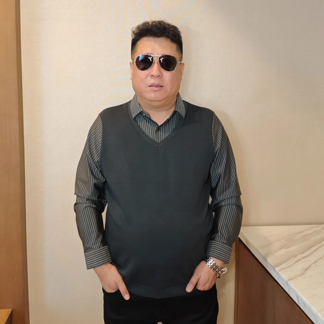 大码男士长袖时尚百搭休闲宽松条纹商务加加肥加大秋冬男假两件DS