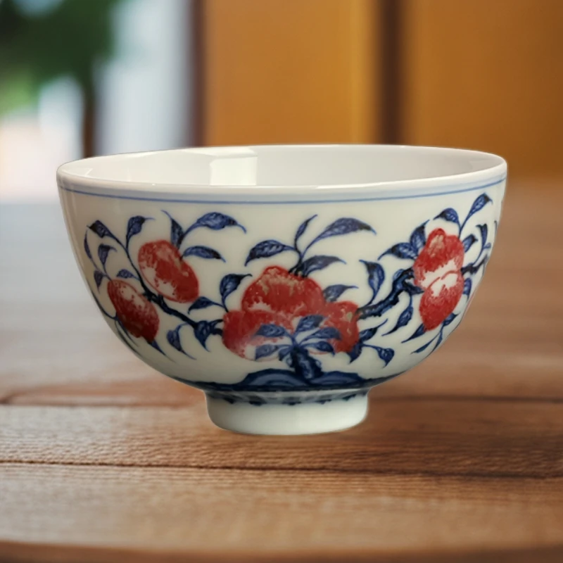 泽善堂-青花釉里红寿桃鸡心杯主人品茗杯