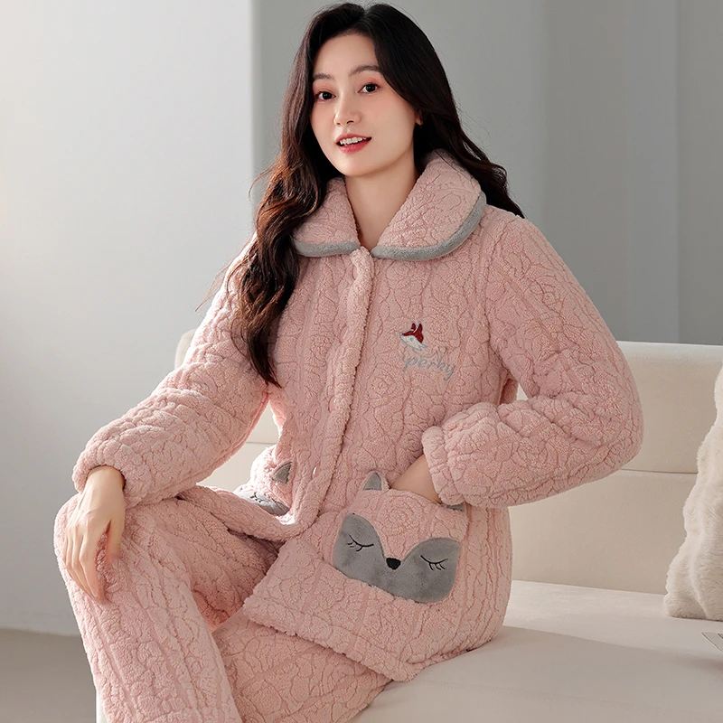 珊瑚绒睡衣女士秋冬季三层加厚加绒2024年新款保暖夹棉家居服套装