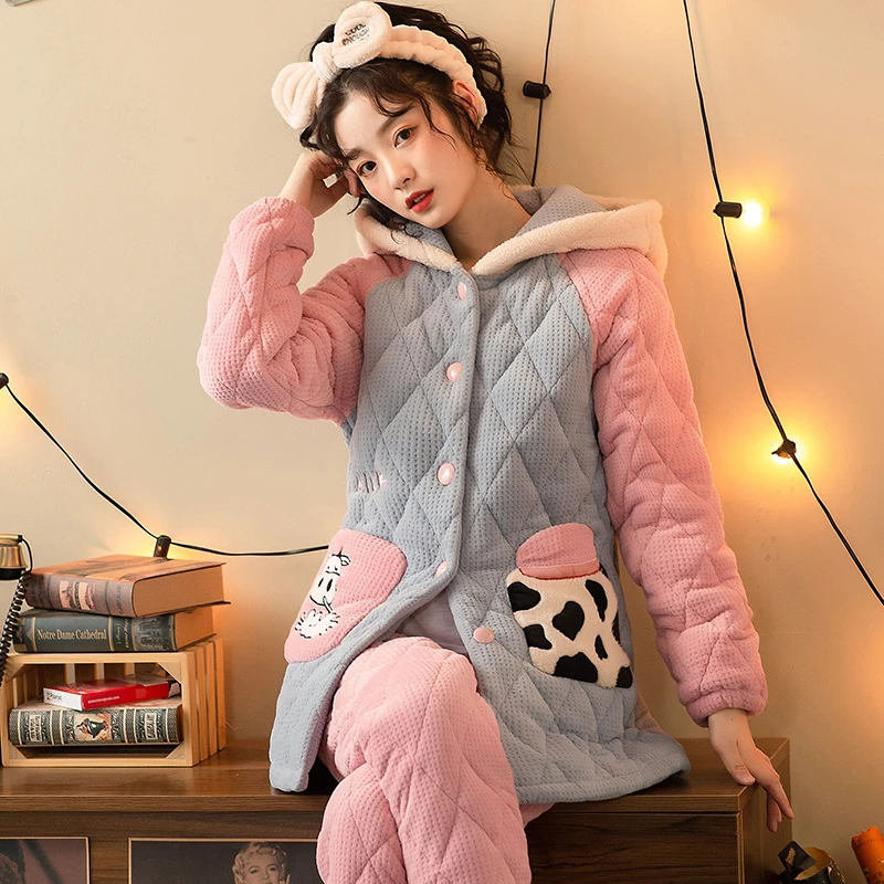 睡衣女秋冬牛奶绒加厚加绒三层夹棉冬季可爱家居服套装