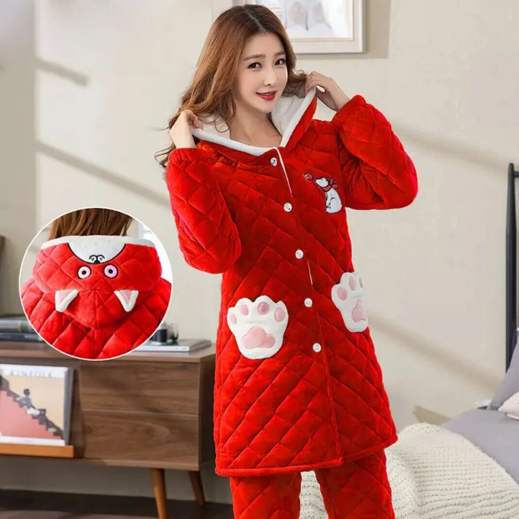 睡衣女珊瑚绒三层夹棉加厚保暖加绒可外穿女士家居服套装冬季长款