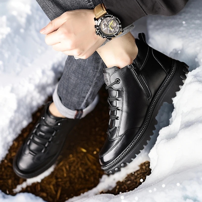 大码38~47新款头层牛皮男棉鞋冬季保暖加厚羊毛高帮厚底休闲男鞋