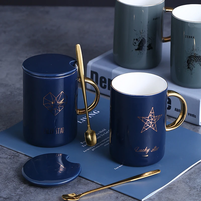 茶杯简约创意陶瓷马克杯带盖勺杯子女夏办公室大容量瓷杯喝水杯男