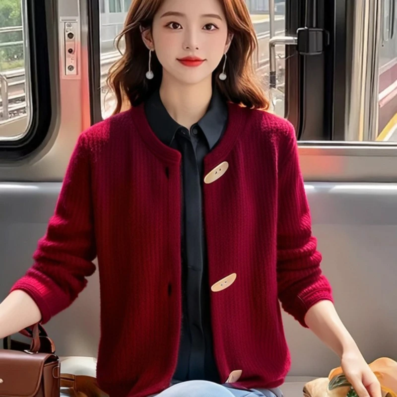 JY#针织开衫女圆领短款牛角扣秋冬新款毛衣宽松百搭上衣DY10806