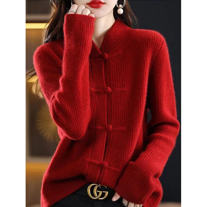 JY#毛衣女立领复古盘扣宽松冬新款国风毛衣外套洋气上衣DY7311