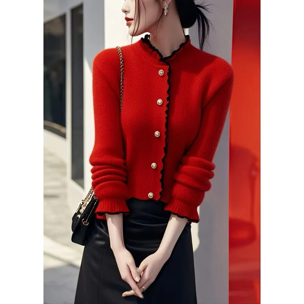 JY#红色毛衣冬季新款气质内搭荷叶边针织上衣DY11448