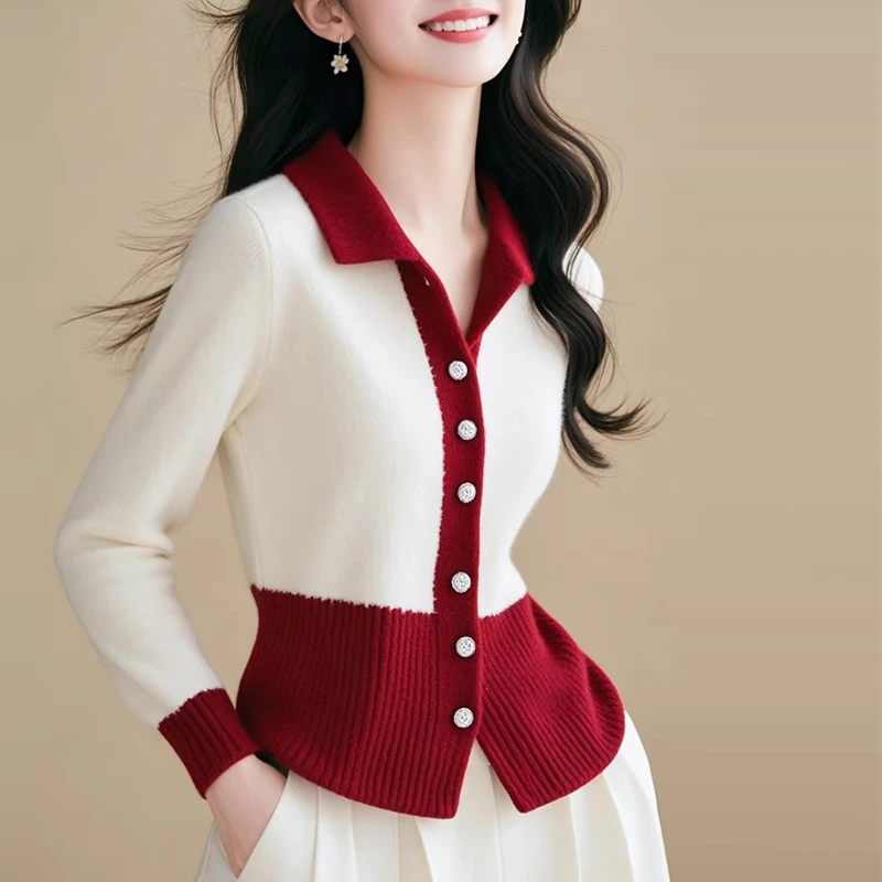 JY#红白撞色翻领长袖毛针织开衫女冬款时尚精致显瘦上衣DY11374