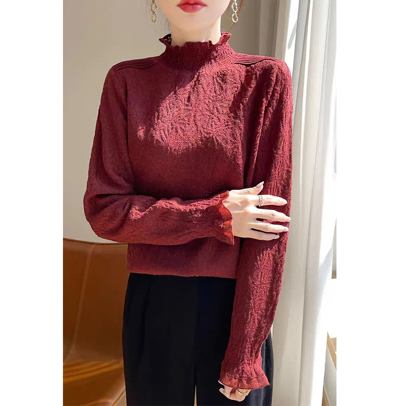 JY#木耳领针织毛质蕾丝冬季新款女洋气半高领打底衣气DY11468