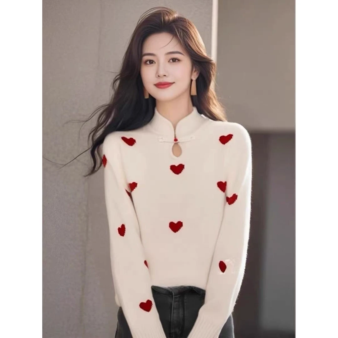 JY#新中式国风爱心图案针织衫冬季新款时尚洋气立领盘扣DY11812