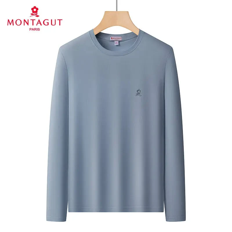 【官方正品】梦特娇, 100%纯棉长袖内衣打底衫,圆领纯色刺绣标