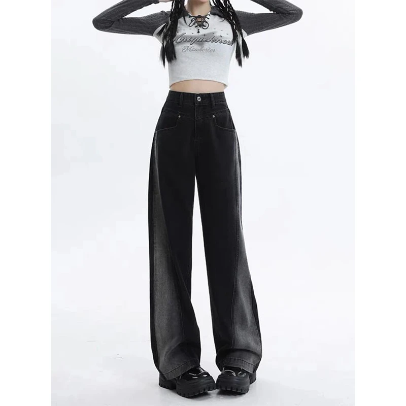 300斤胖mm大码美式复古渐变牛仔裤女梨形身材遮肉显瘦宽松阔腿裤