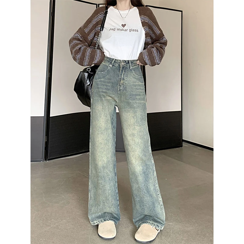 小个子复古直筒牛仔裤女秋季新款美式做旧高腰宽松显瘦拖地阔腿裤